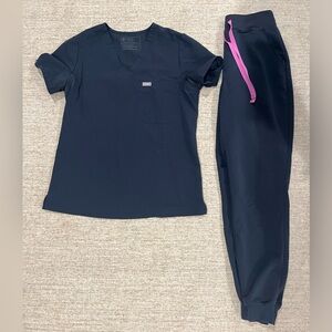 Navy Blue Pink Accent Figs Scrubs Set